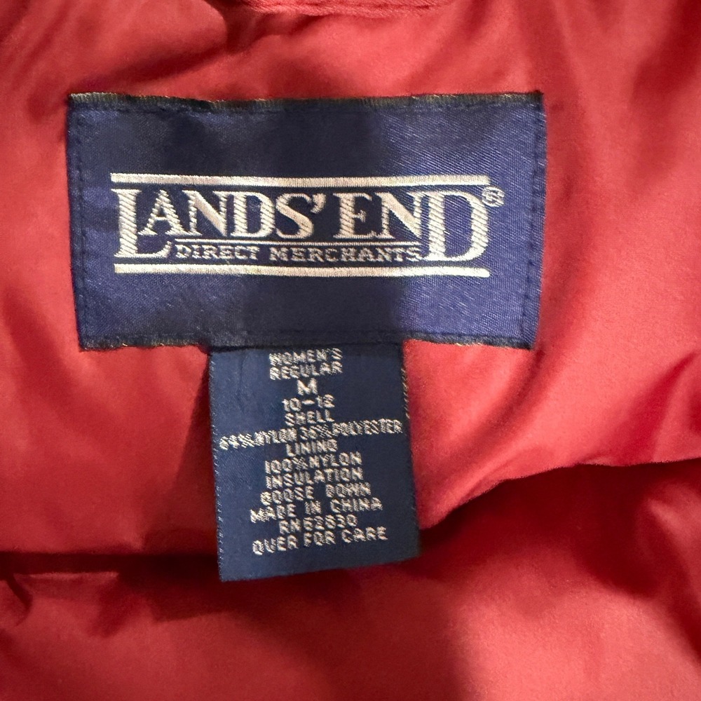 Vtg 90s Lands' End Goose Down Parka Womens M Red Full Length Fur Hood Long Coat - Picture 3 of 16